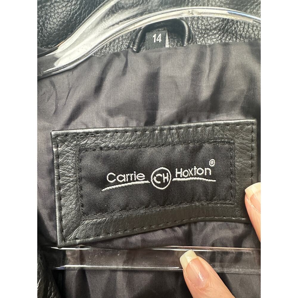 Carrie Hoxton Black Leather Moto Biker Jacket Women’s 14 Belted Zip - Picture 9 of 15